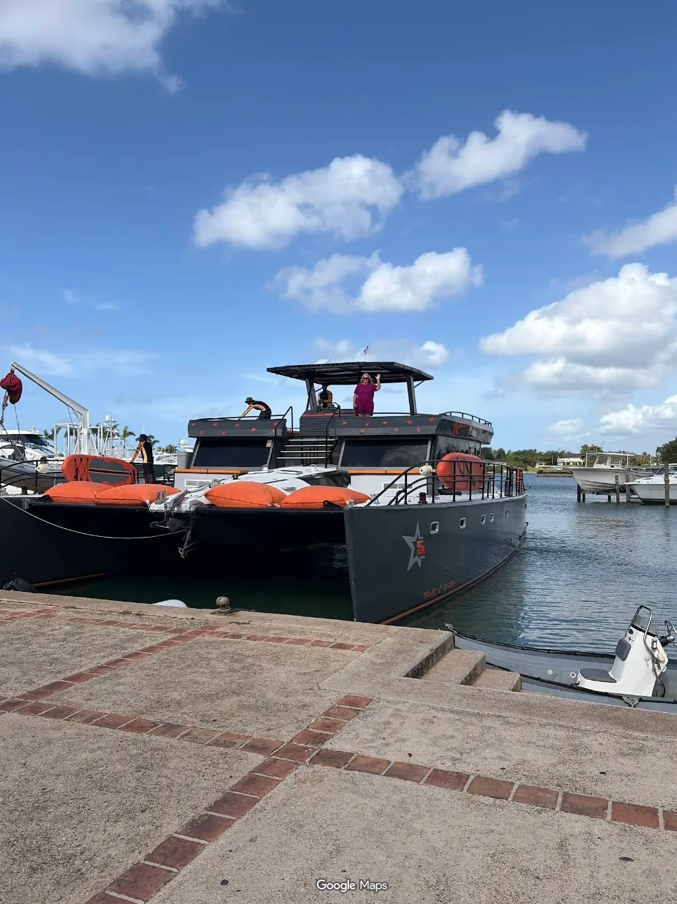 Private catamaran viewed from the dock